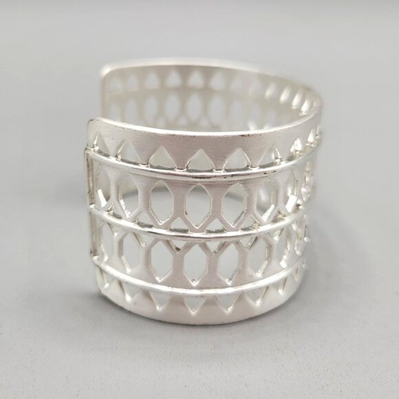 Stella and Dot Silver Tone Geometric Openwork Wide Plait Cuff Bracelet - Picture 3 of 10